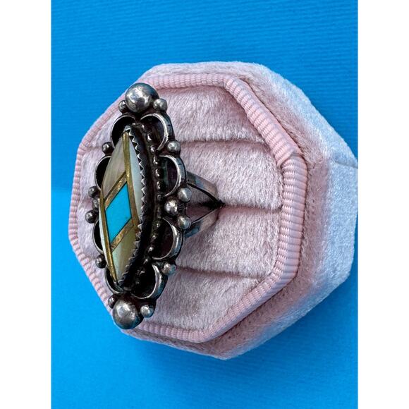 Vintage Navajo Sterling Silver Ring | Turquoise & Mother of Pearl Inlay - Picture 3 of 3
